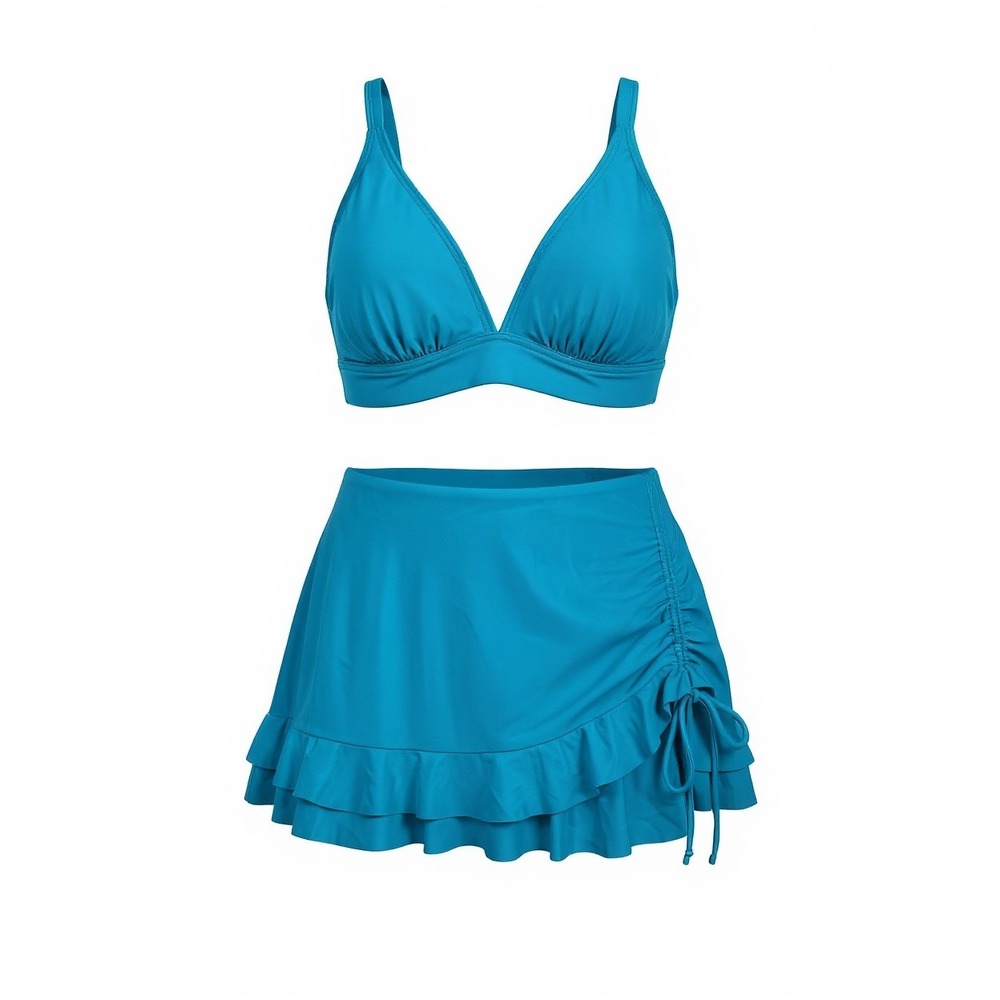 Blooming Jelly Teal Blue Bikini Set with Ruched Ruffle Swim Skirt Size L New - Picture 2 of 9